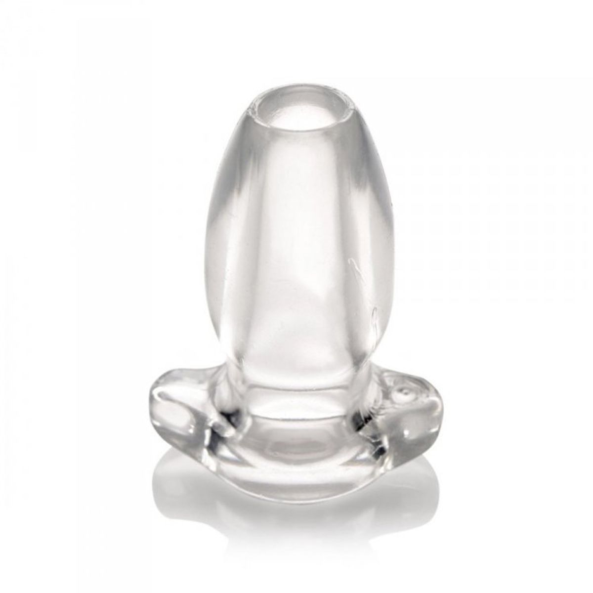 Clear hollow anal plug with smooth rounded shape and flared base