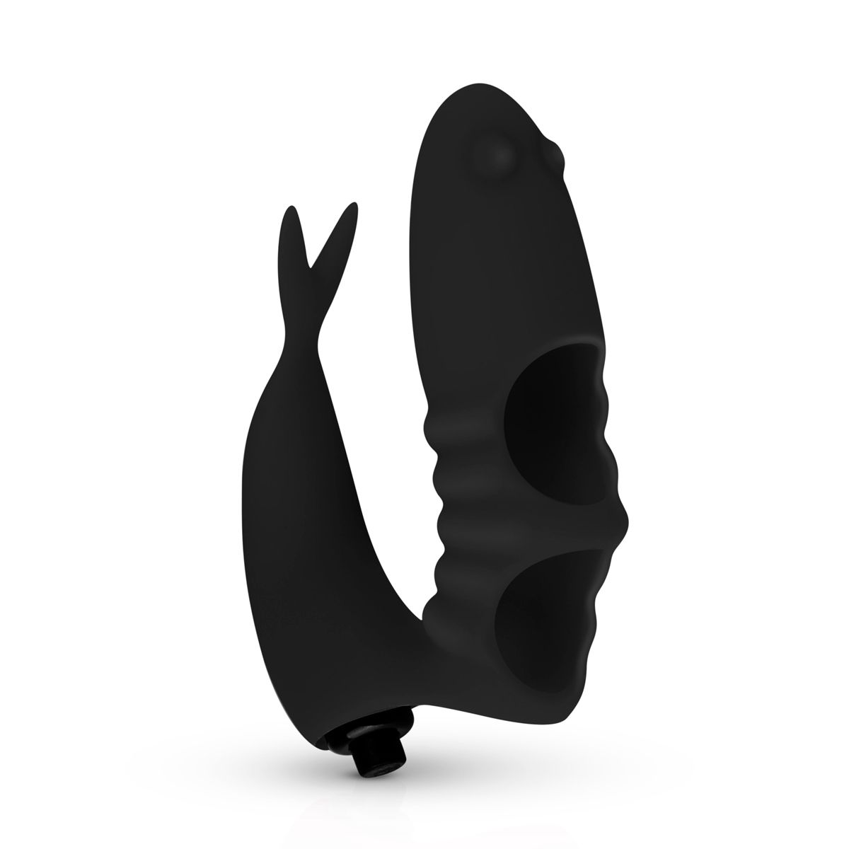 Black finger vibrator with flexible textured sleeve and small control button