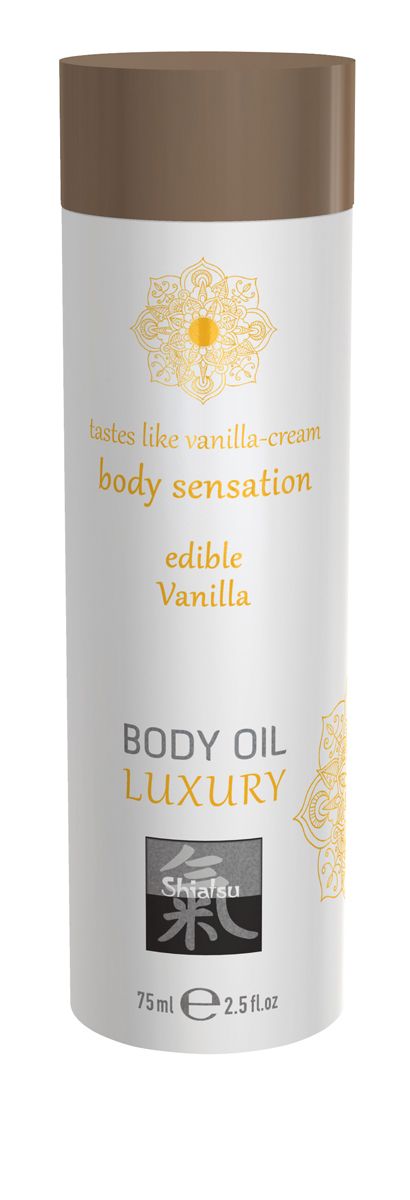 Shiatsu Luxury edible body oil in vanilla bottle