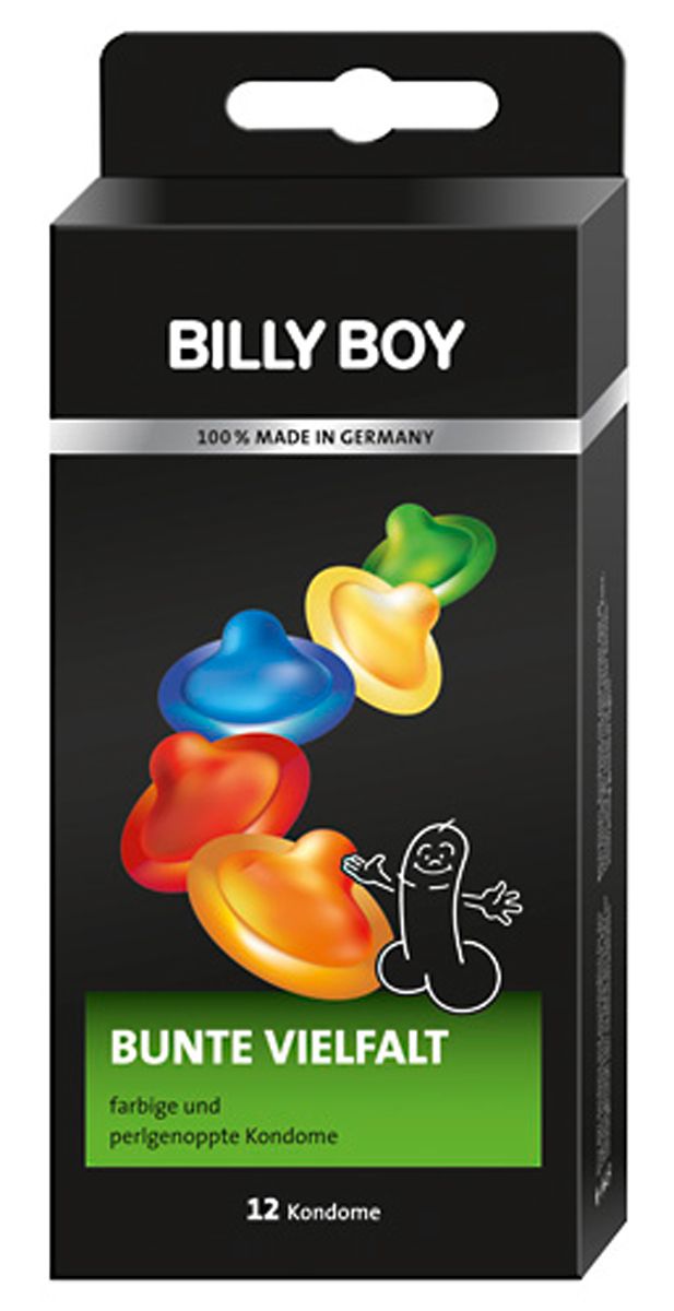 Billy Boy colourful variety condoms in black 12 pack box