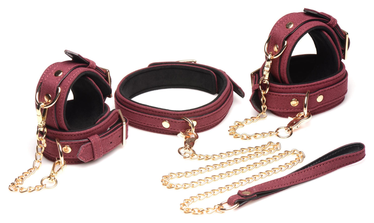 Master Series - 6-Piece BDSM Suede Cuff Set With Collar And Strap - Burgand