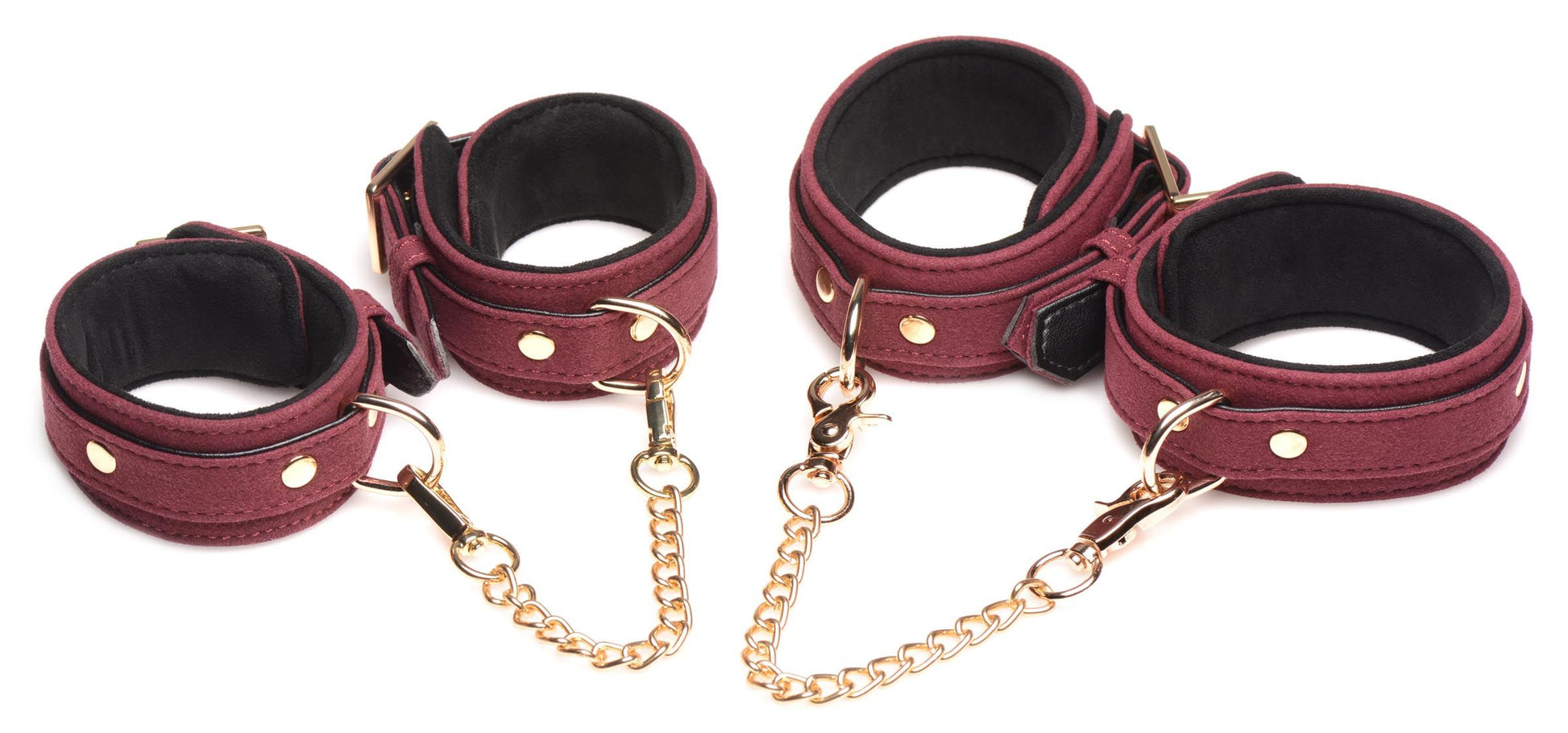 Master Series - 6-Piece BDSM Suede Cuff Set With Collar And Strap - Burgand
