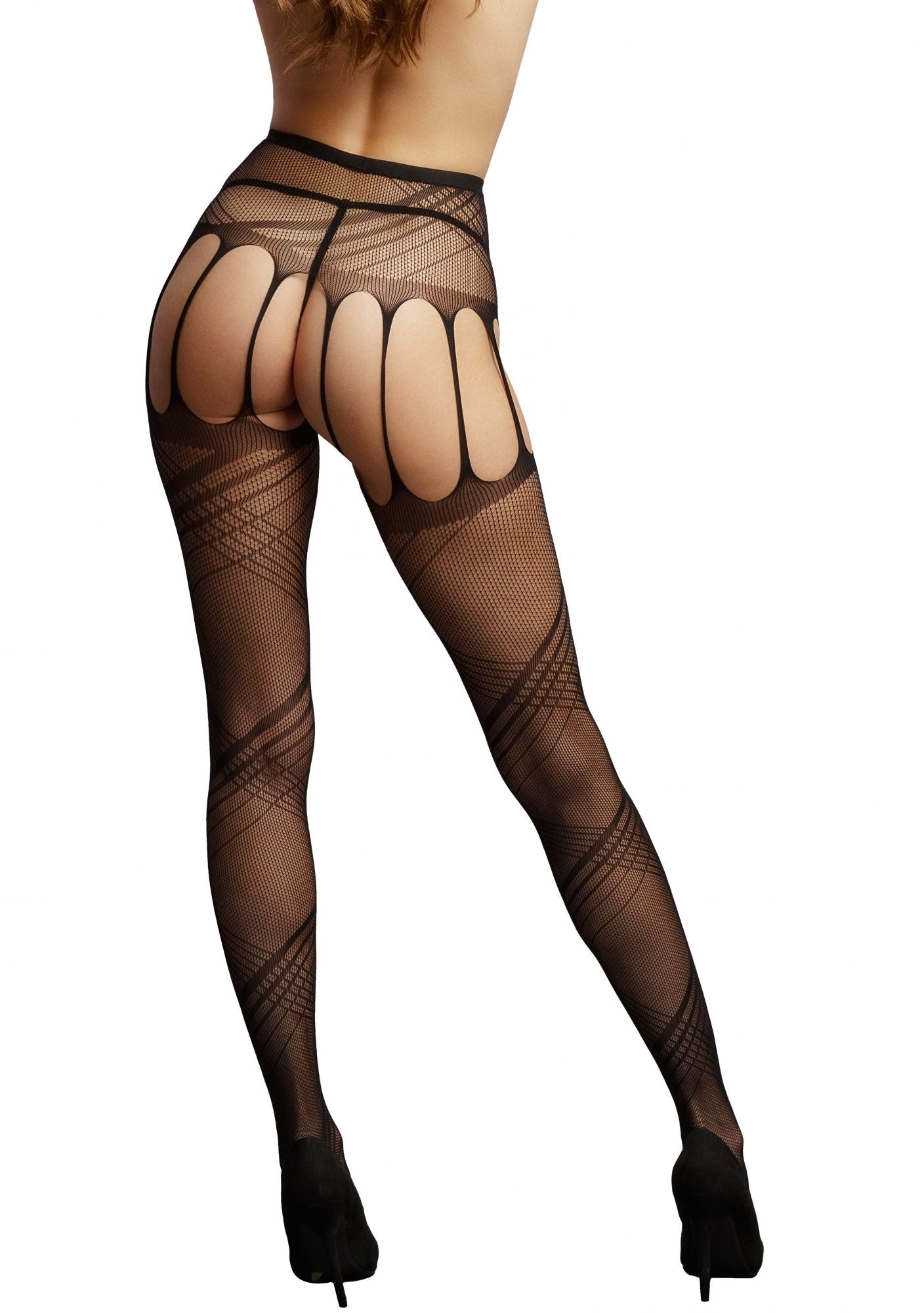 Black Crotchless Net Pantyhose with Design black by Le Desir