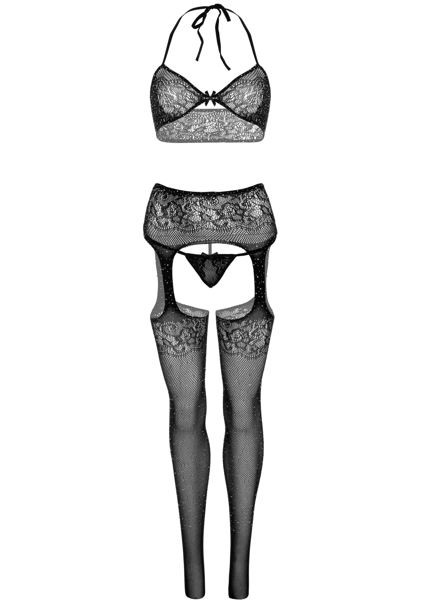 Bra Top, String and Stockings - Black