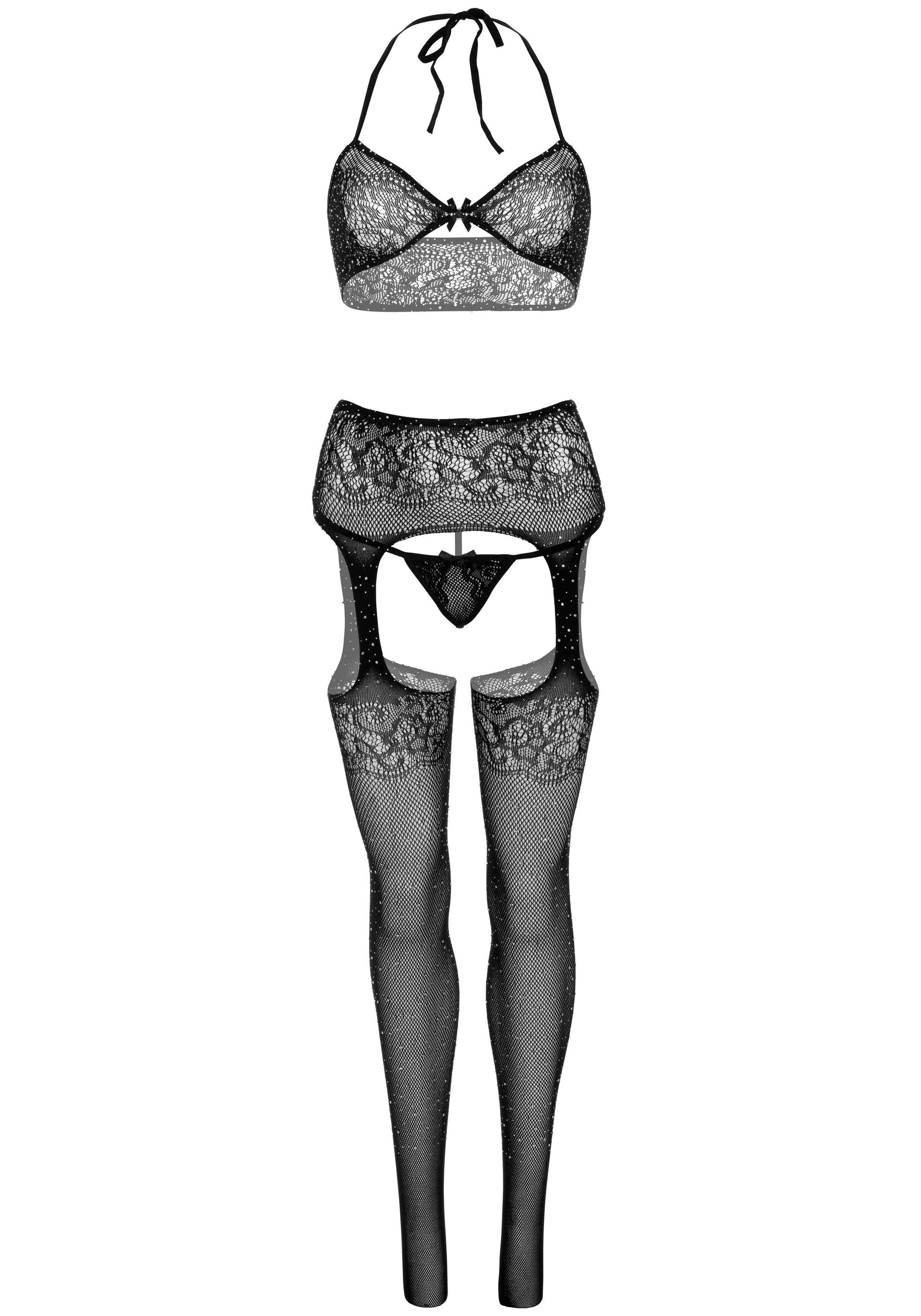 Bra Top, String and Stockings - Black