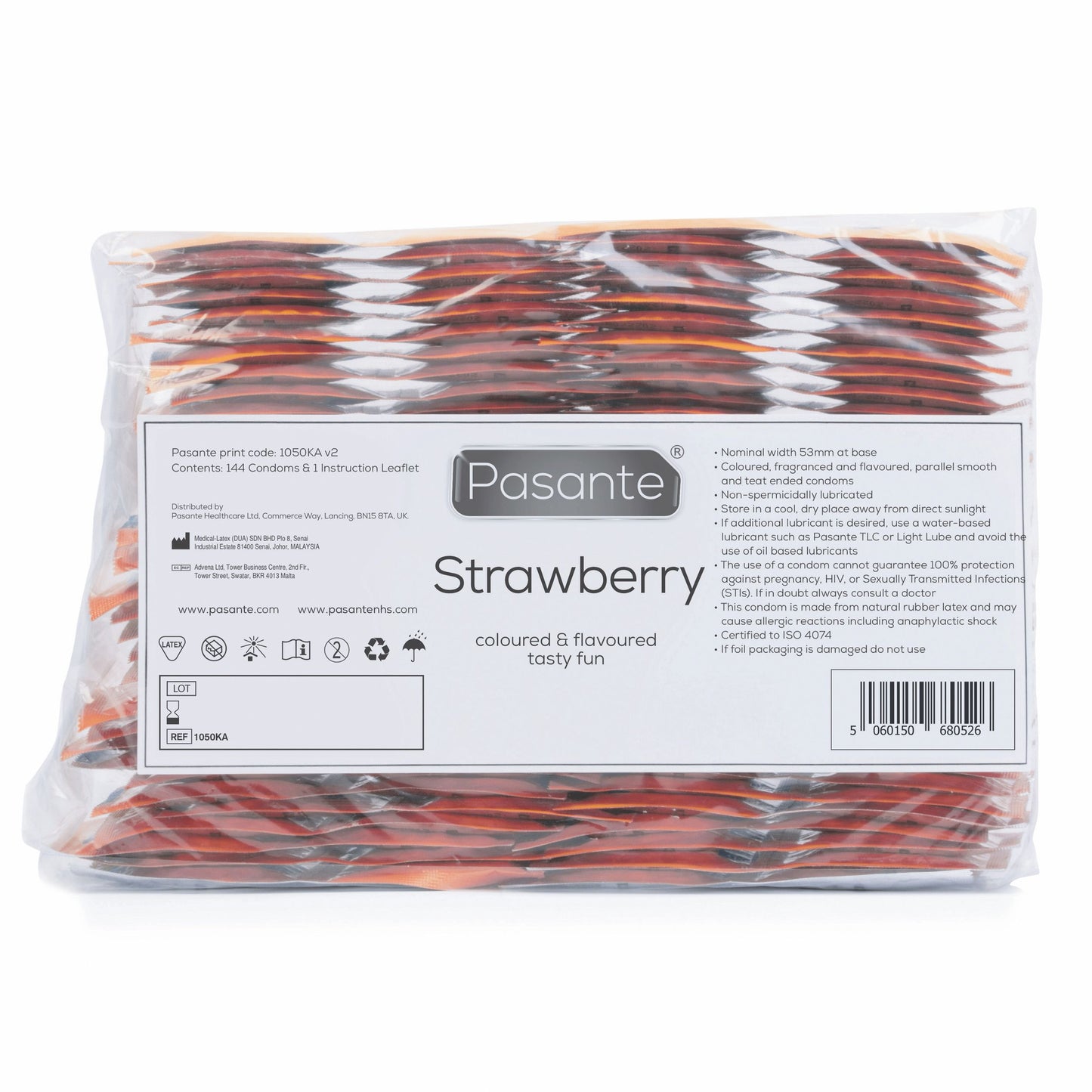 Pasante Strawberry flavour condoms 144 pack in clear bulk bag