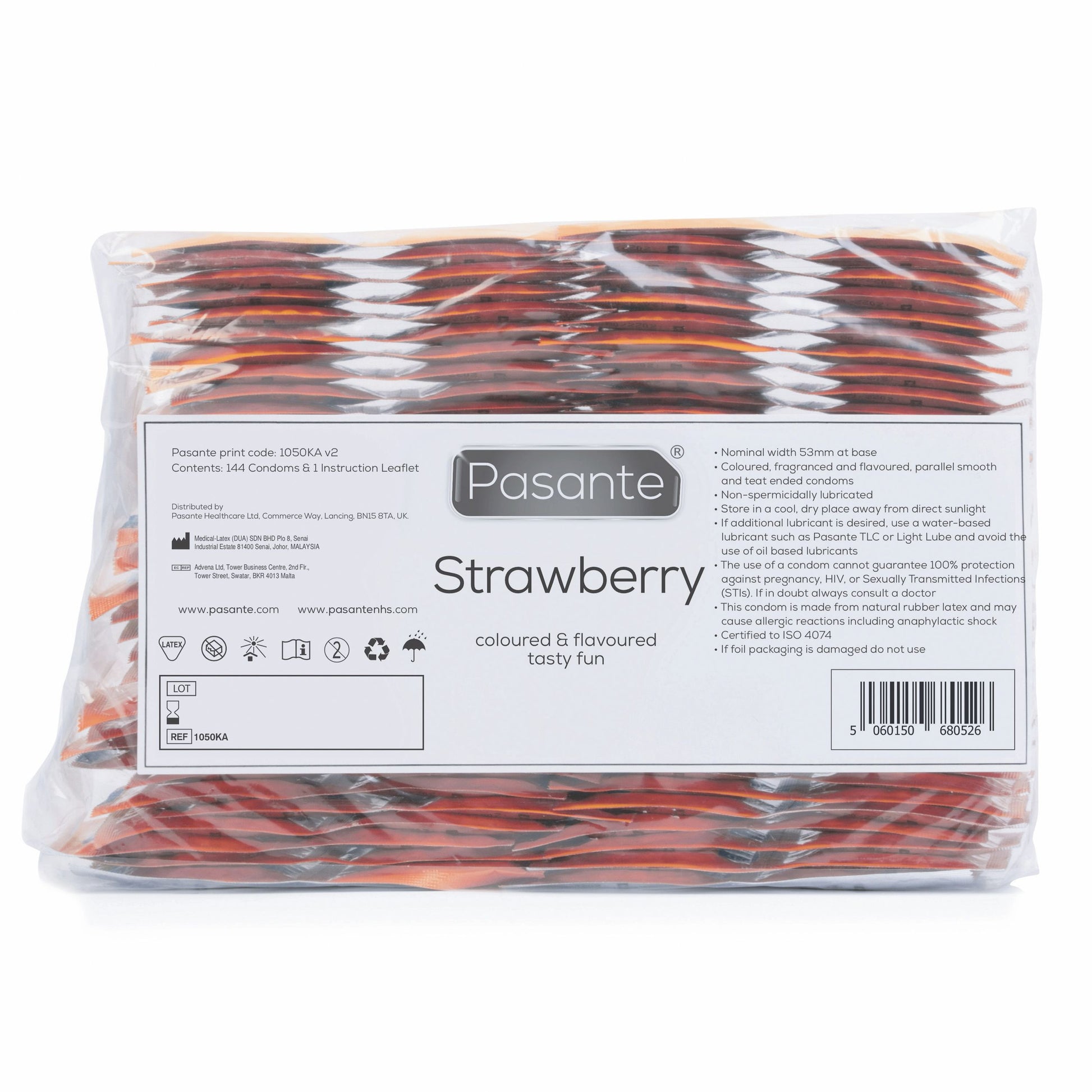 Pasante Strawberry flavour condoms 144 pack in clear bulk bag