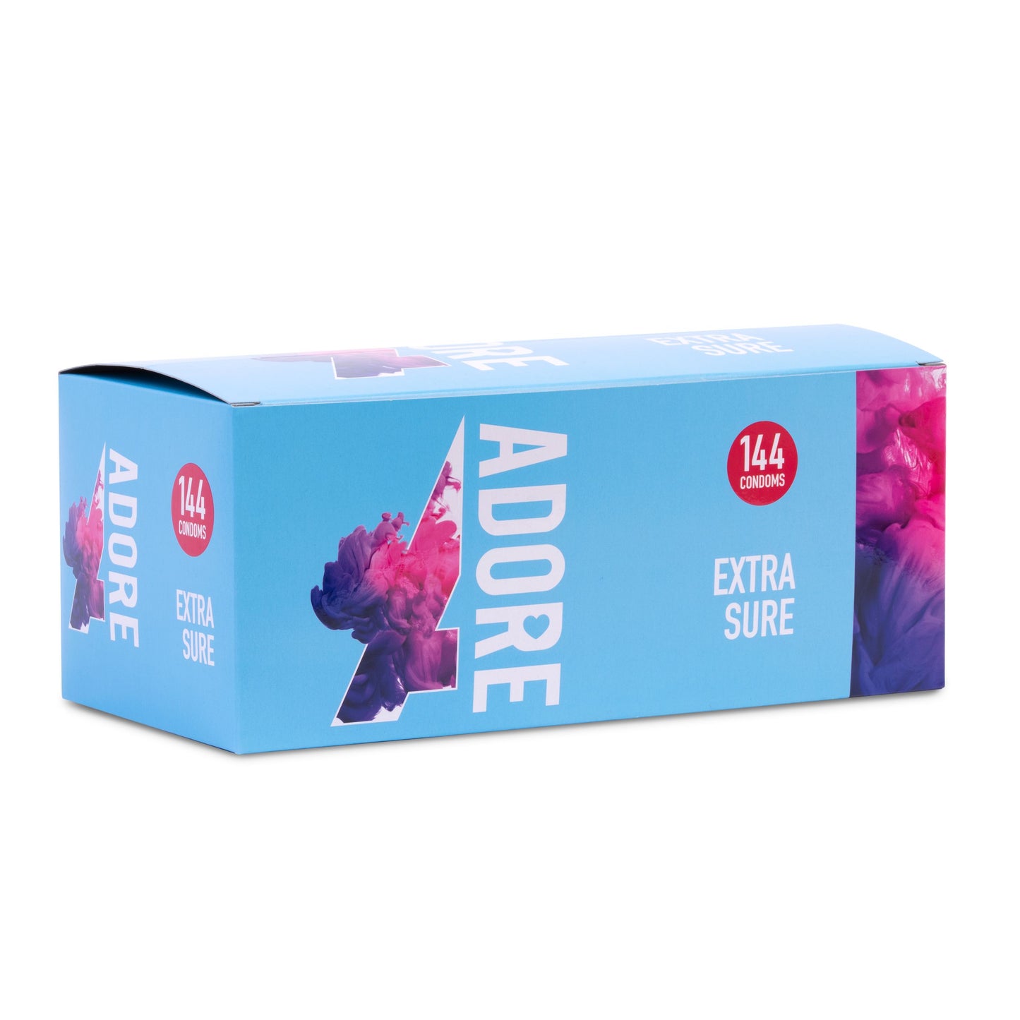 Adore Extra Sure 144 pack condom box in blue and pink packaging