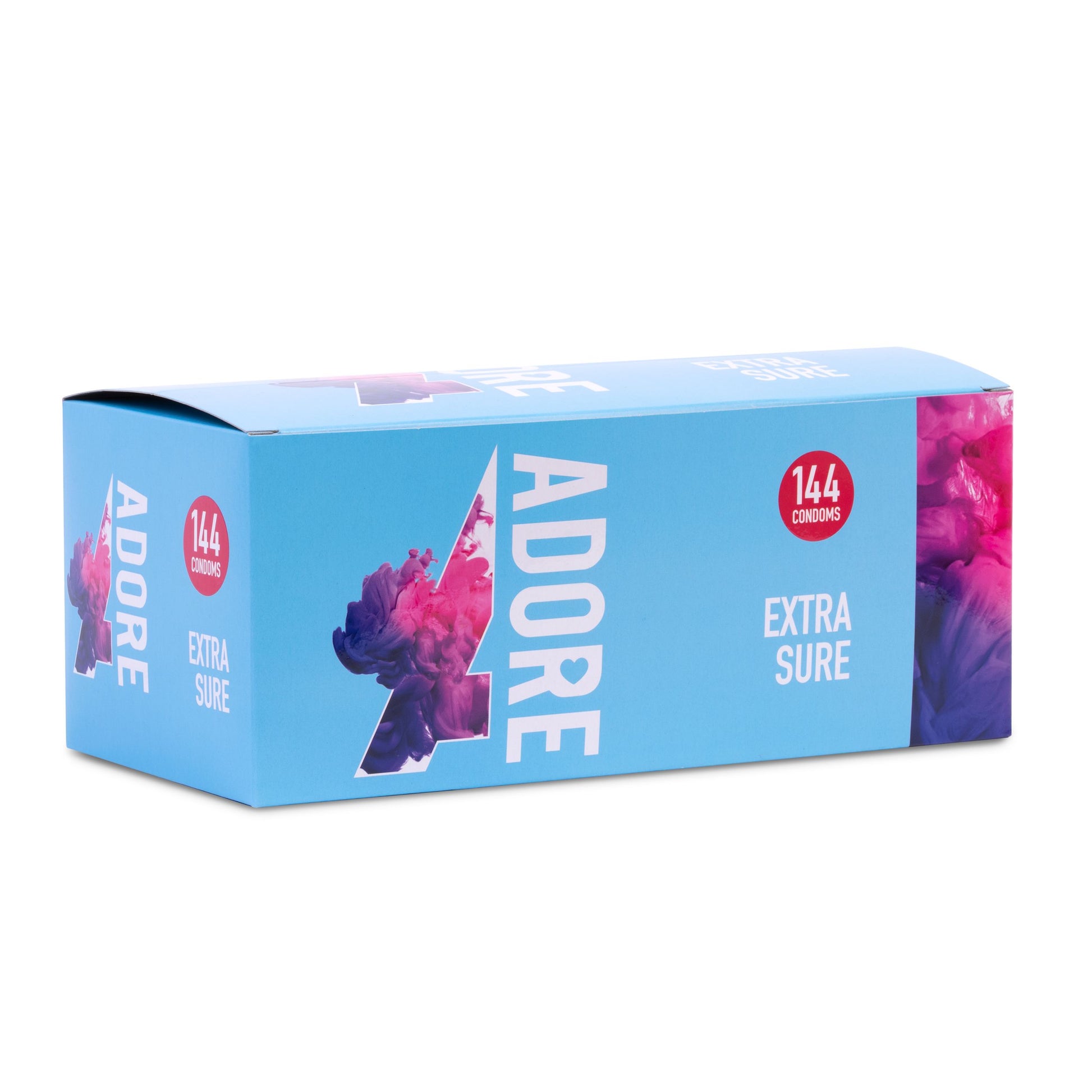 Adore Extra Sure 144 pack condom box in blue and pink packaging