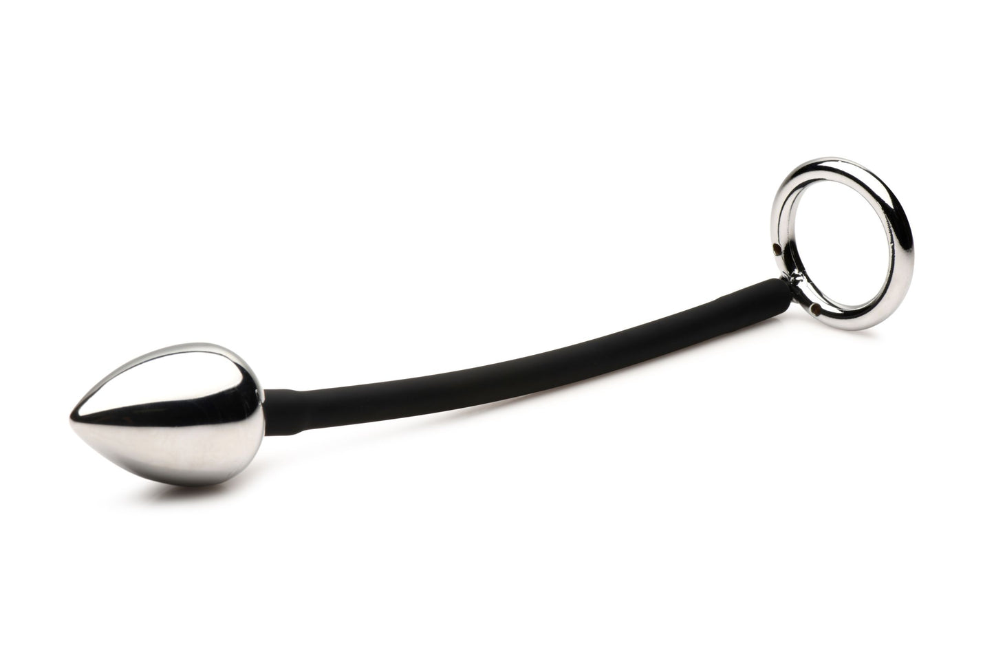 Master Series - Tug + Plug Cock & Ball Ring with Anal Plug - Black & Silver