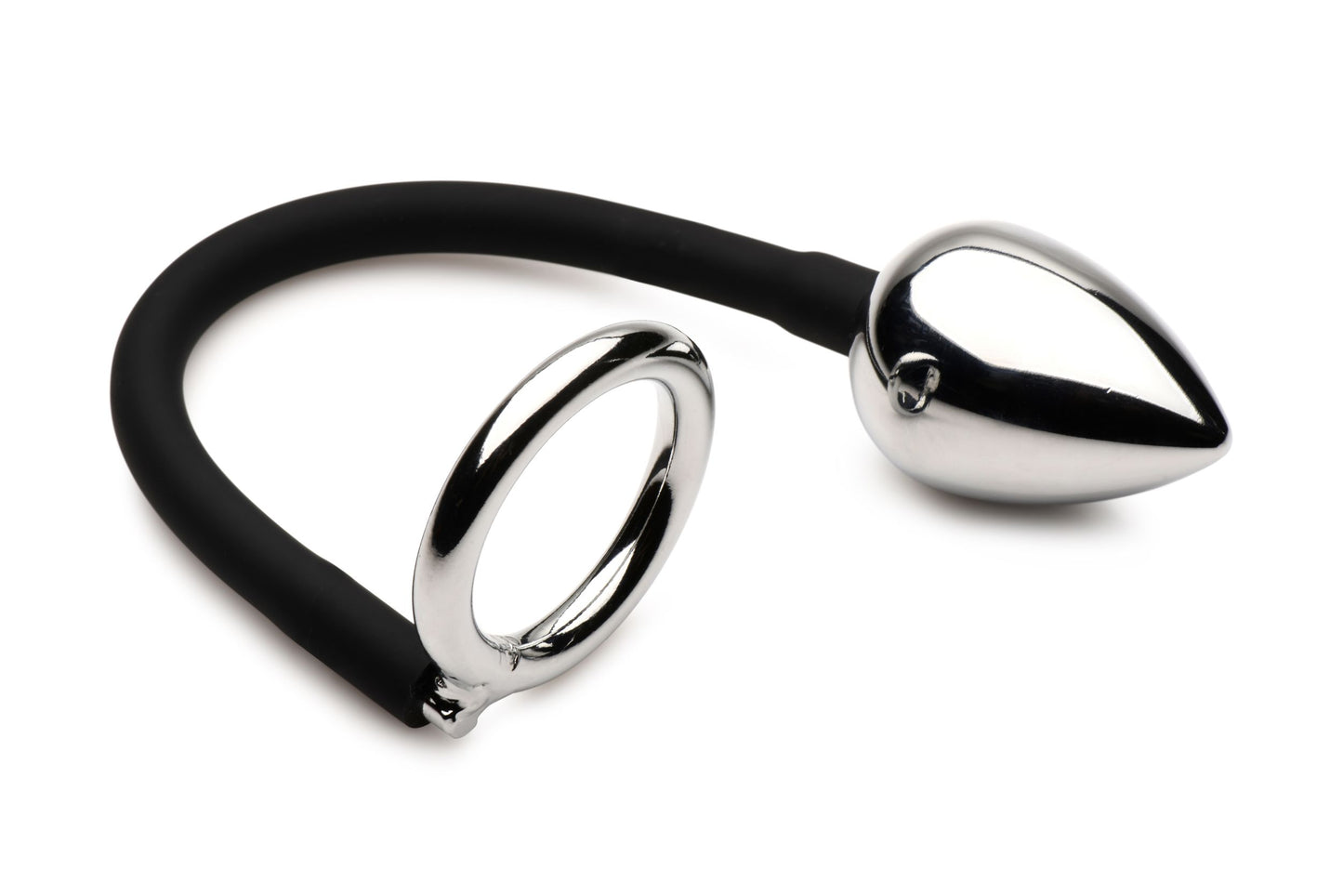Master Series - Tug + Plug Cock & Ball Ring with Anal Plug - Black & Silver