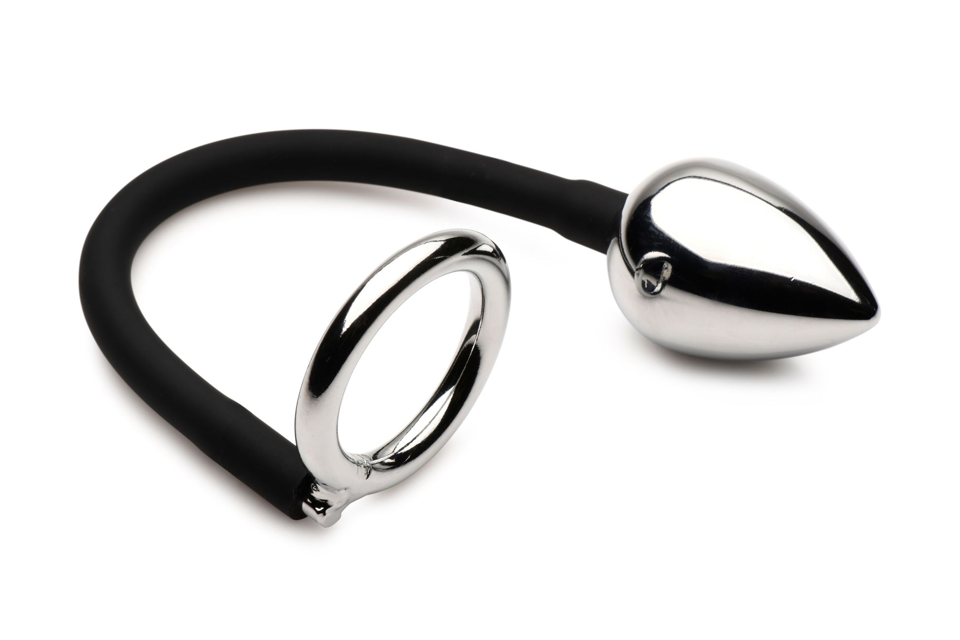 Master Series - Tug + Plug Cock & Ball Ring with Anal Plug - Black & Silver