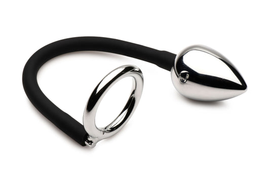 Master Series - Tug + Plug Cock & Ball Ring with Anal Plug - Black & Silver