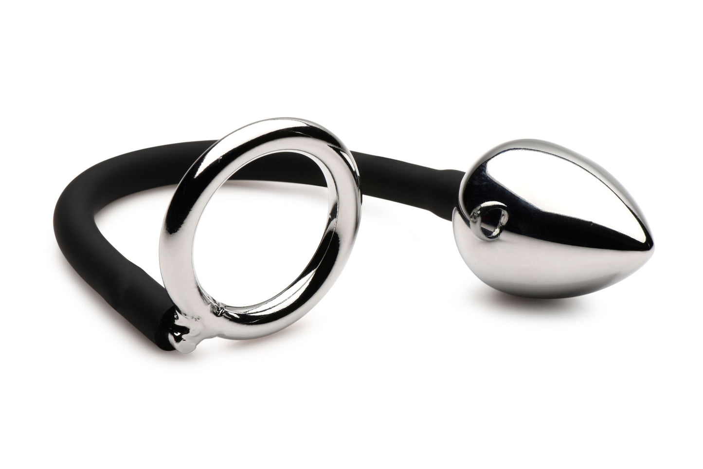 Master Series - Tug + Plug Cock & Ball Ring with Anal Plug - Black & Silver