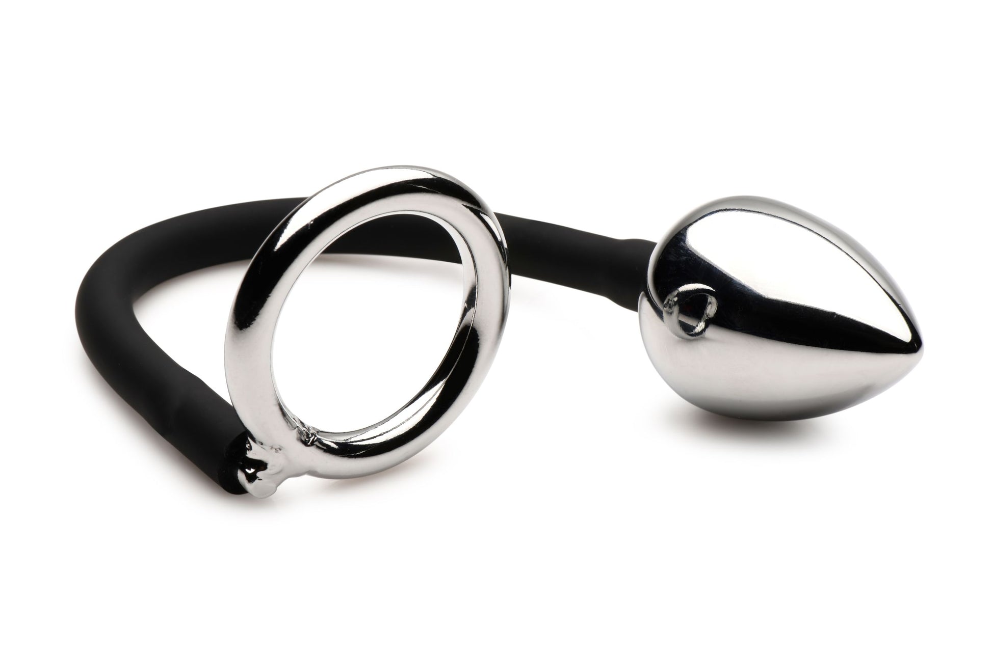 Master Series - Tug + Plug Cock & Ball Ring with Anal Plug - Black & Silver