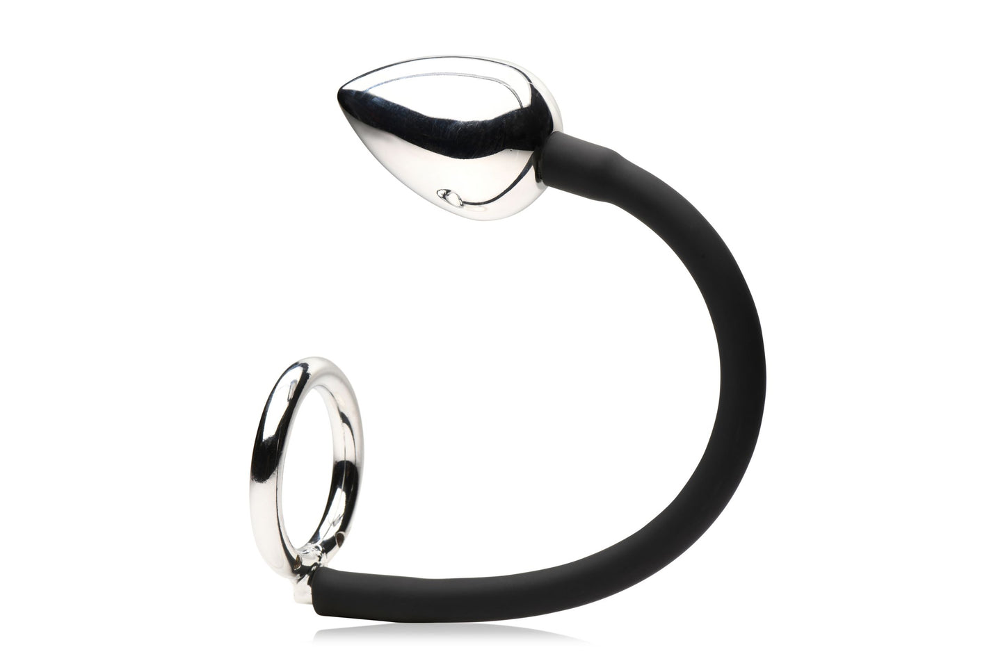 Master Series - Tug + Plug Cock & Ball Ring with Anal Plug - Black & Silver
