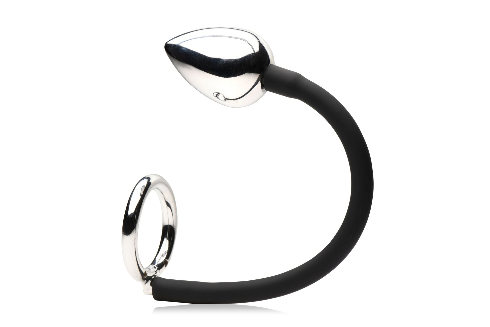 Master Series - Tug + Plug Cock & Ball Ring with Anal Plug - Black & Silver
