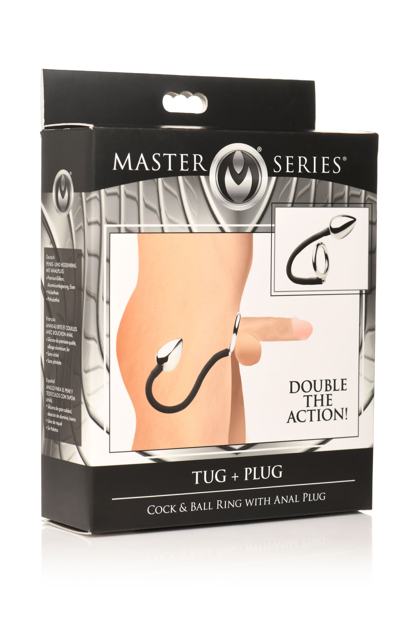Master Series - Tug + Plug Cock & Ball Ring with Anal Plug - Black & Silver