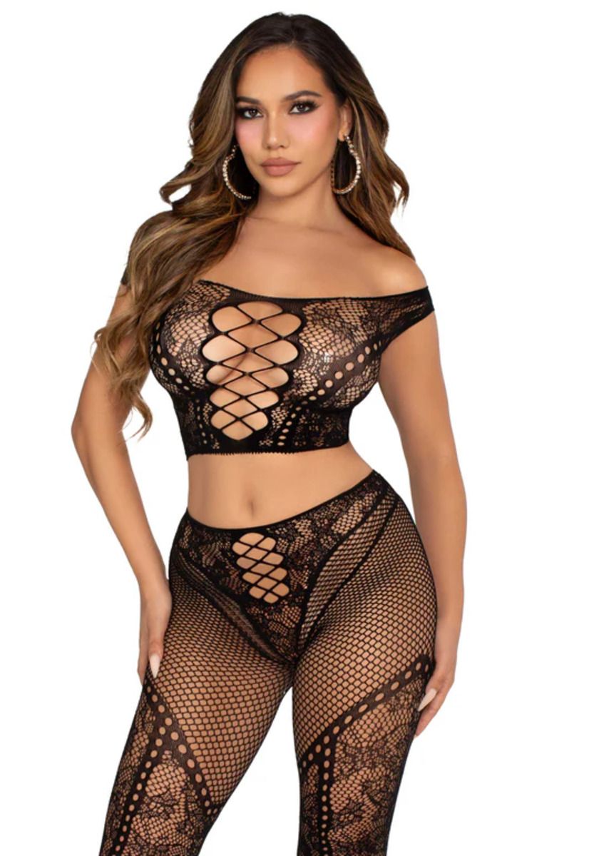 Leg Avenue – Top Curto de Manga Caída e Conjunto de Leggings – Preto