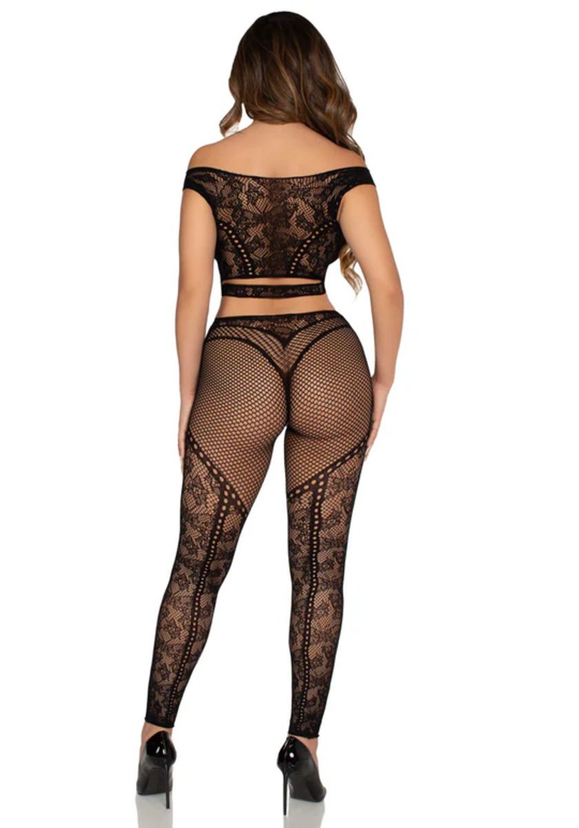 Leg Avenue – Top Curto de Manga Caída e Conjunto de Leggings – Preto