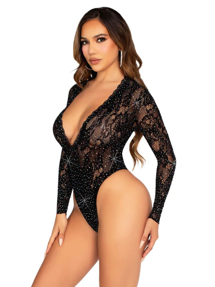 Leg Avenue – Lace Bodysuit with Deep-V Neckline – Black