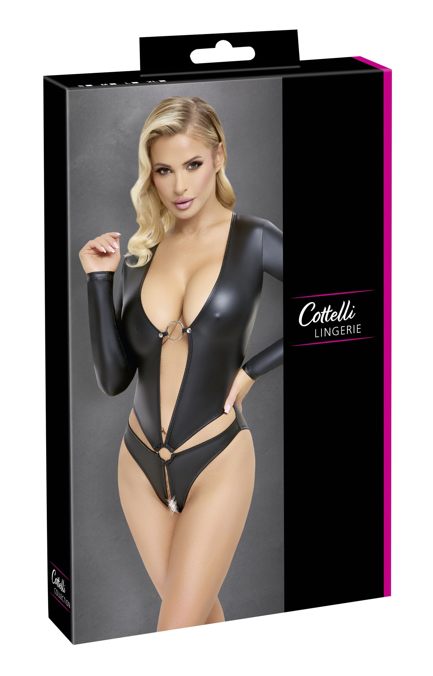 Cottelli Lingerie – Crotchless Long Sleeve Body – Black – Crotchless Knickers