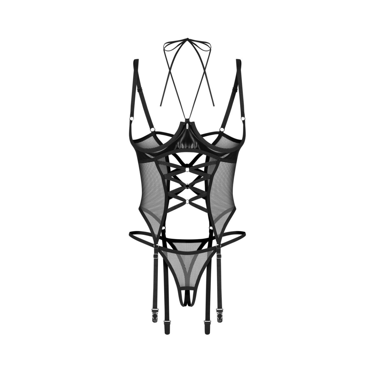 Obsessive – Dominna Corset & Crotchless Thong – Black – Crotchless Knickers