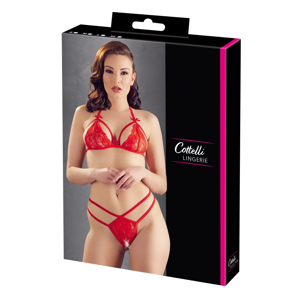 Cottelli Lingerie – Lace Set with Crotchless String – Red – Crotchless Knickers
