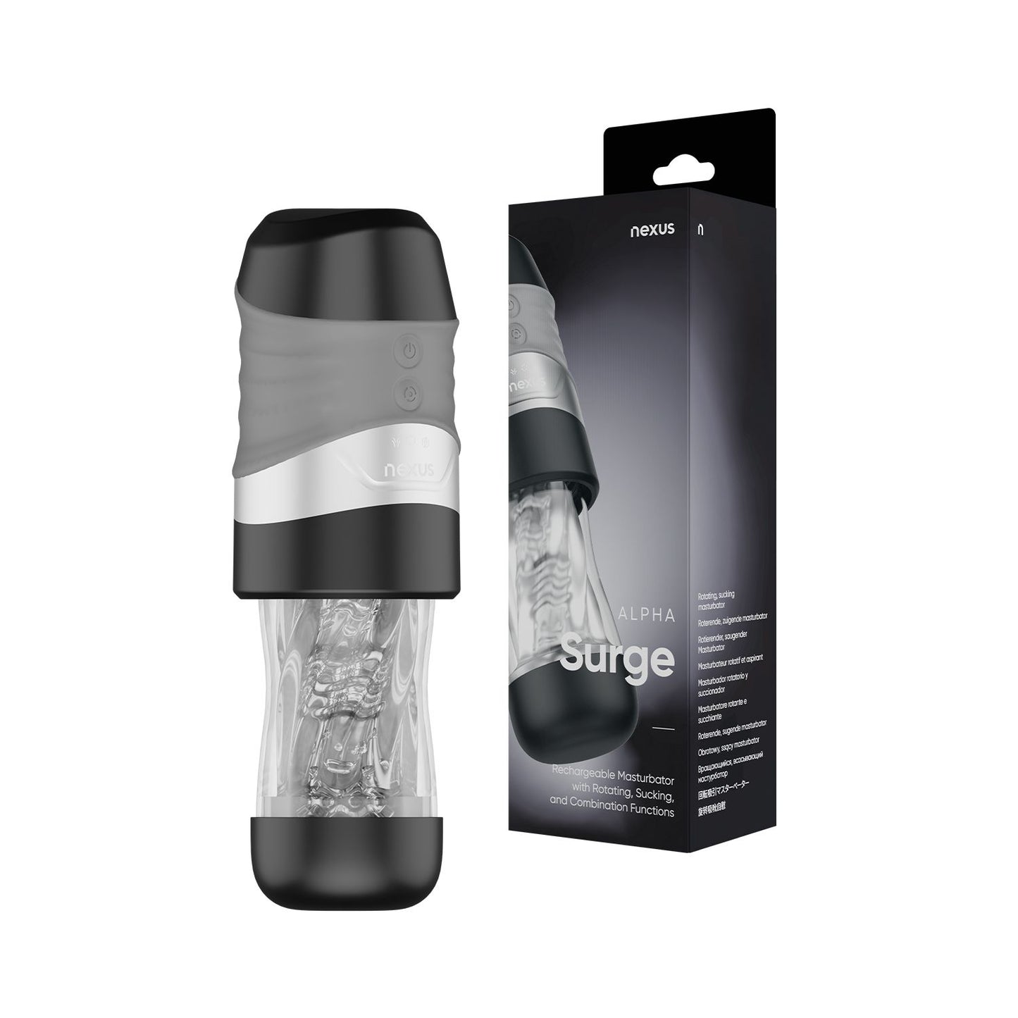 Nexus – Alpha Surge Masturbator with Rotation & Suction – Black