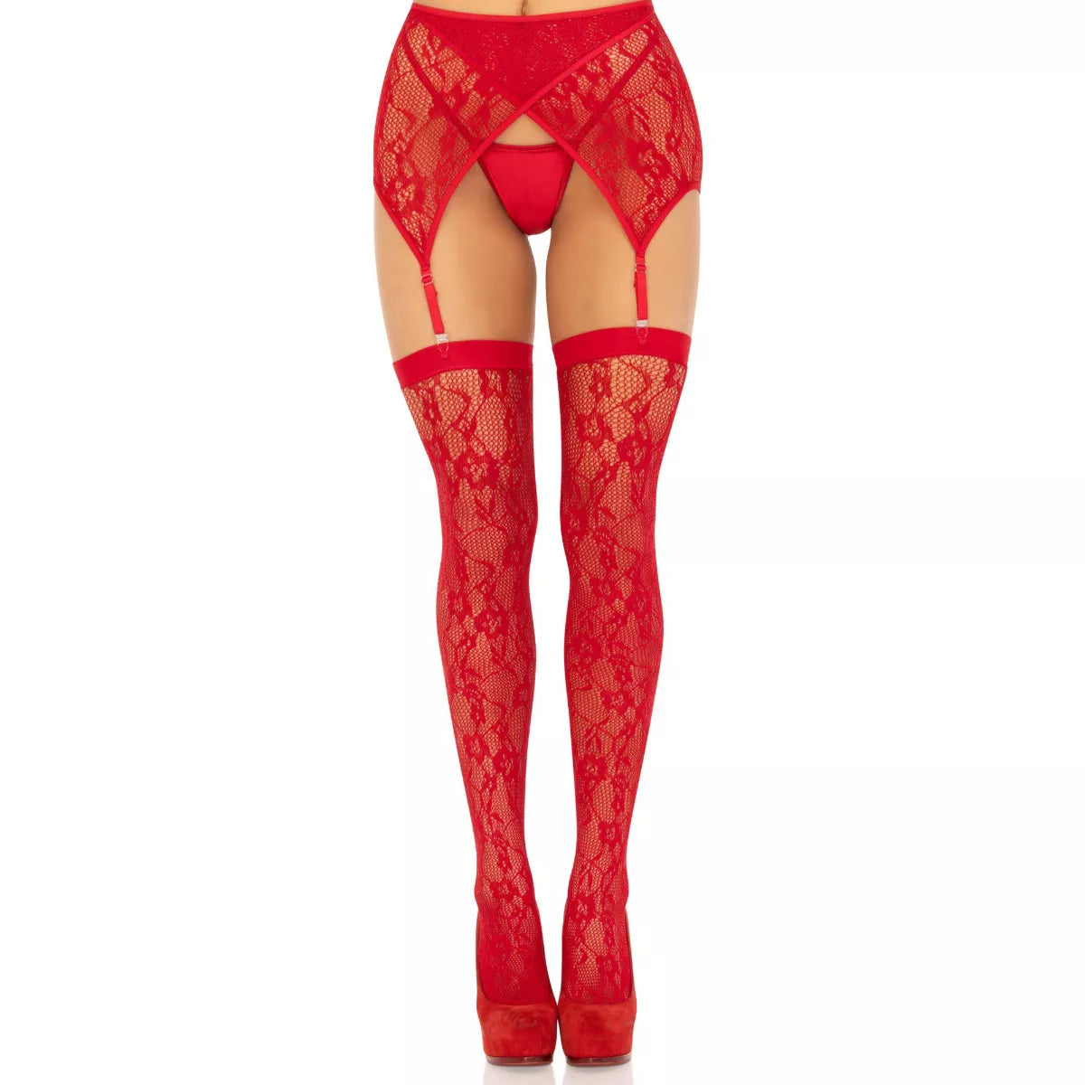 Leg Avenue - Lace Thigh Highs Garter Belt - Red