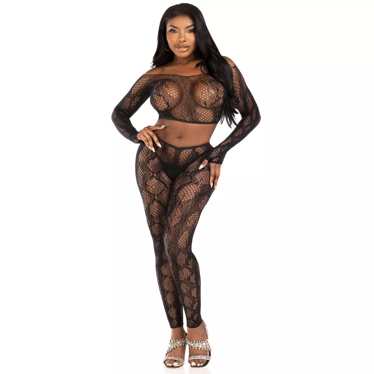 Leg Avenue - Python Crop Top and Legging Set - Black