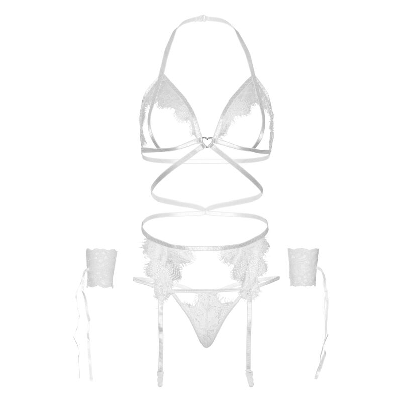 Leg Avenue - Four pieces Set Bra, g-String, Garter Belt & Wrist Cuffs One Size - White – Handcuffs