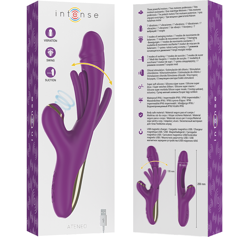 Intense - Ateneo Rechargeable Multifunction Vibrator 7 Vibrations with Oscillating Tongue and Purple Suction – Clitoral Vibrator