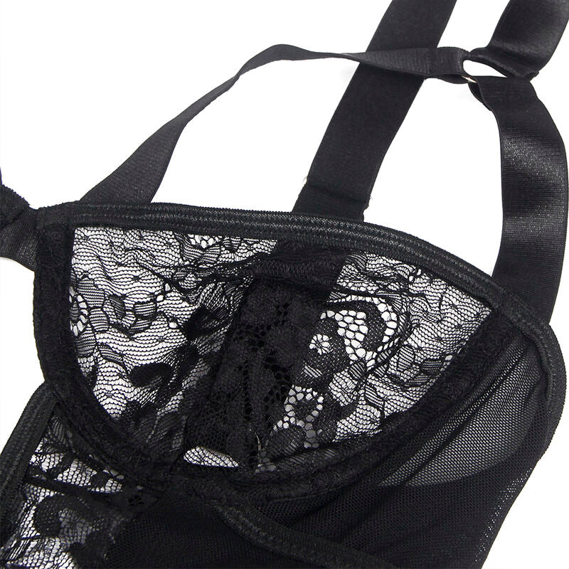 Subblime - Teddy with Garter with Lace Detail and Strips Black S/M – Teddy Lingerie