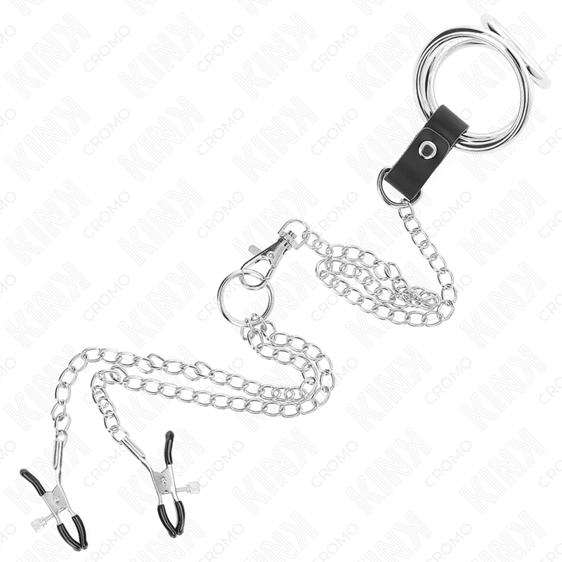 Kink - Triple Chrome Metal Penis Ring with Metal Chain and Nipple Clips