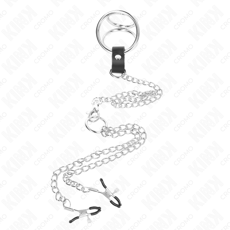 Kink - Triple Chrome Metal Penis Ring with Metal Chain and Nipple Clips