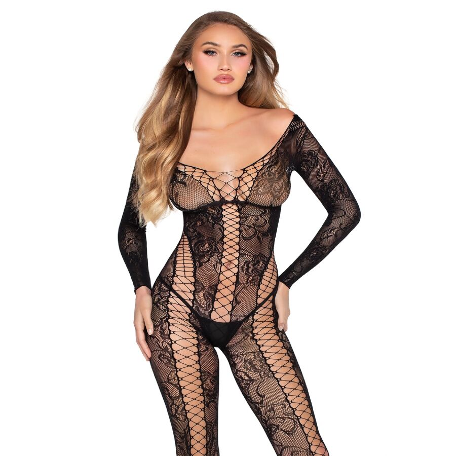 LEG AVENUE - NET & LACE JUMPSUIT BLACK - ONE SIZE