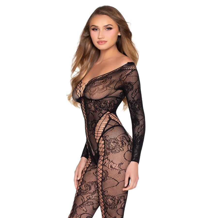LEG AVENUE - NET & LACE JUMPSUIT BLACK - ONE SIZE